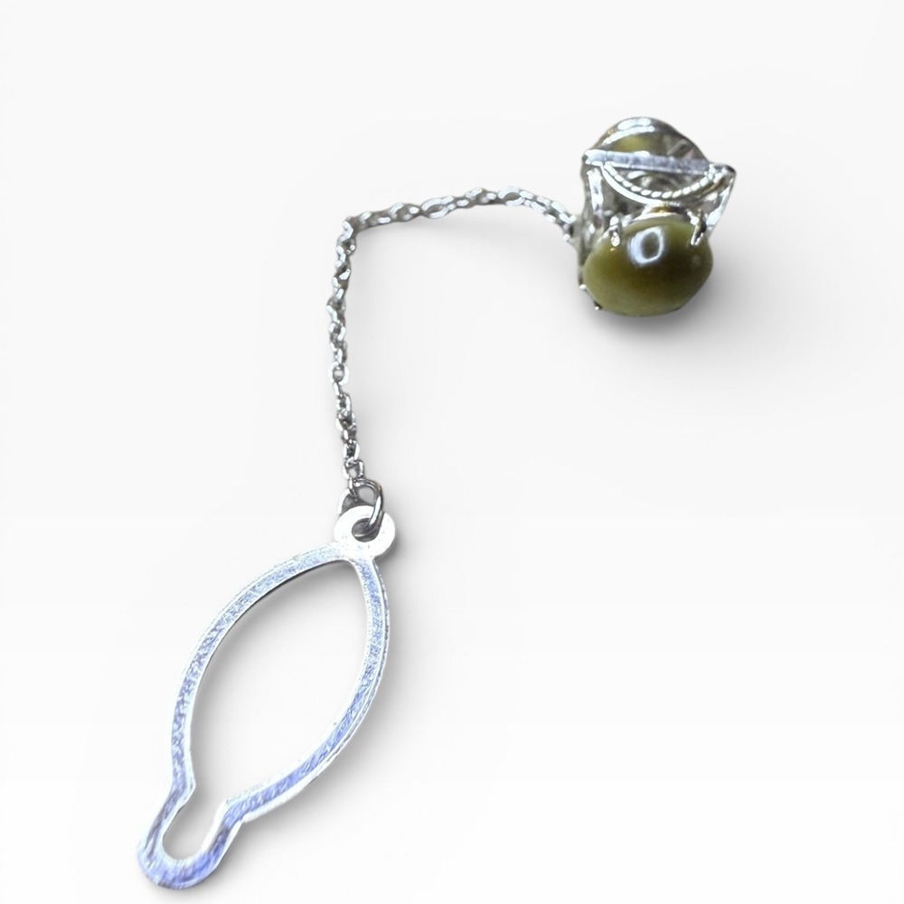 Vintage Mens Sterling Silver Tone Tie Clip With Green Stone Accent And Chain